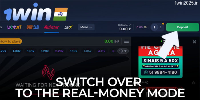 Switch to real money in-game play on the official 1win website