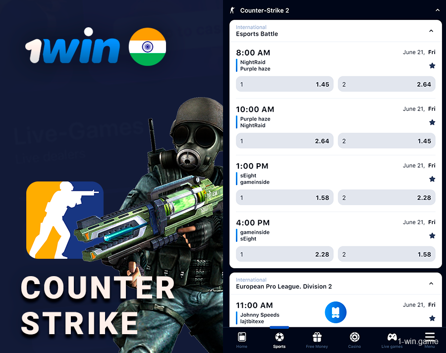 Counter Strike 2 and CS:GO betting section at 1Win India