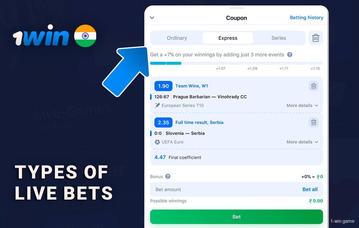 Indian players can make single, express and system types of bets on both live and ongoing events