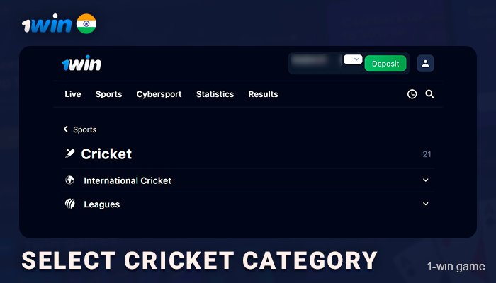 Select cricket category, live or upcoming - 1Win Sports Betting