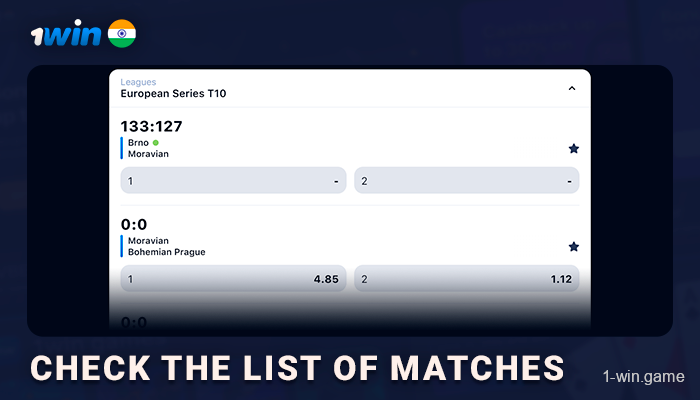 Check the list of available cricket matches to bet on - 1Win India