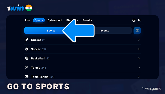 Go to sports section of 1Win using main menu