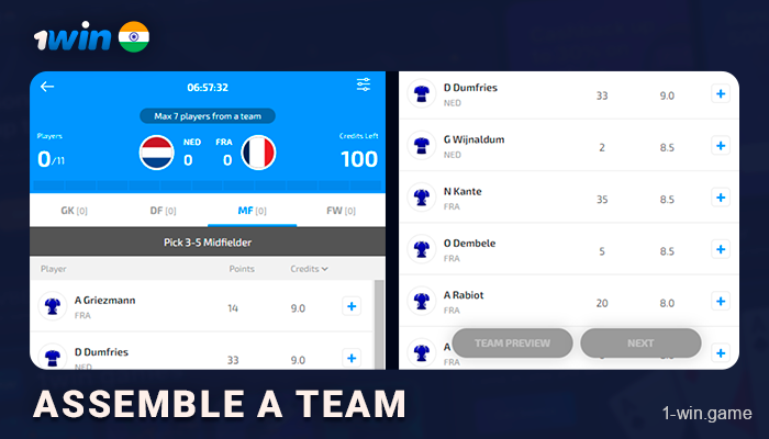 Assemble a fantasy sport team - 1Win India